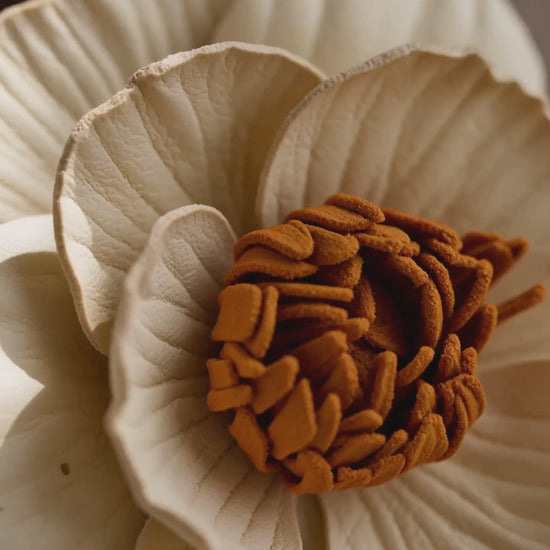 Product video of the SHEWEARING Camellia Grace Sculpted Leather Floral Bag Charm, featuring layered ivory camellia petals, a warm textured center, green leather leaf, dangling flower bud, natural bead accents, and gold-tone hardware, styled on a warm taupe handbag.