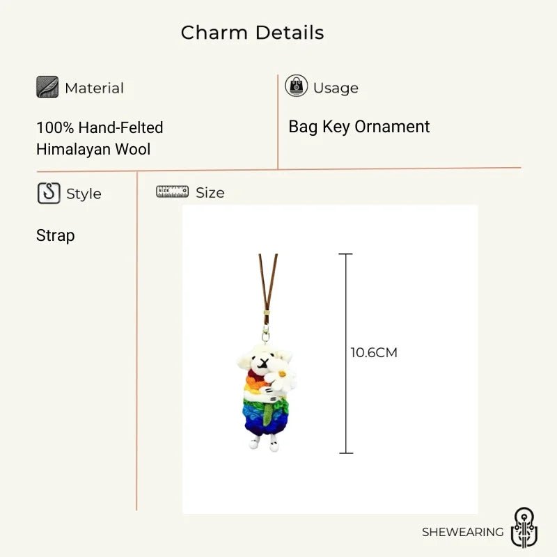 Rainbow Hug Sheep Wool Charm – Handmade Felted Bag Pendant | Soft Gift of Light & Warmth - shewearing