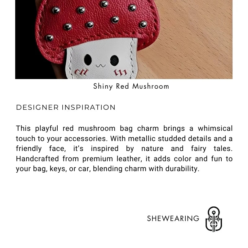 Shiny Red Mushroom Bag Charm – Full - Grain Lambskin, Playful Design, Key Accessory, Whimsical Fairy Tale Gift - shewearing