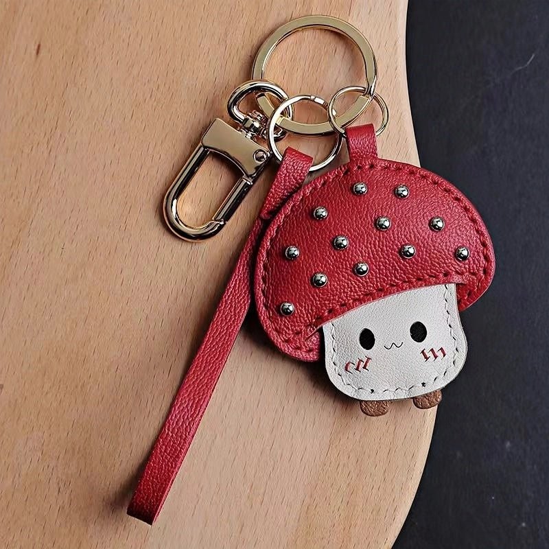 Shiny Red Mushroom Bag Charm – Full - Grain Lambskin, Playful Design, Key Accessory, Whimsical Fairy Tale Gift - shewearing