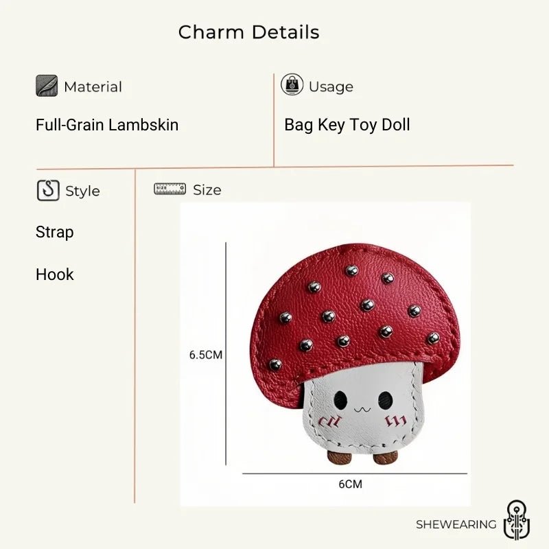 Shiny Red Mushroom Bag Charm – Full - Grain Lambskin, Playful Design, Key Accessory, Whimsical Fairy Tale Gift - shewearing