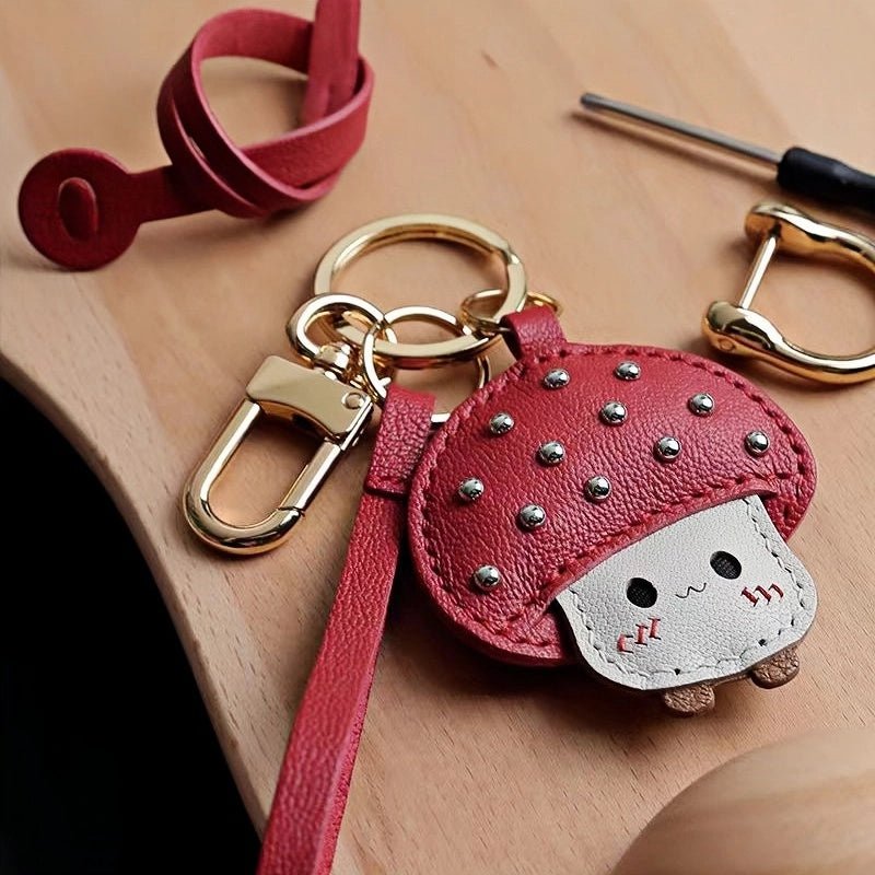 Shiny Red Mushroom Bag Charm – Full - Grain Lambskin, Playful Design, Key Accessory, Whimsical Fairy Tale Gift - shewearing