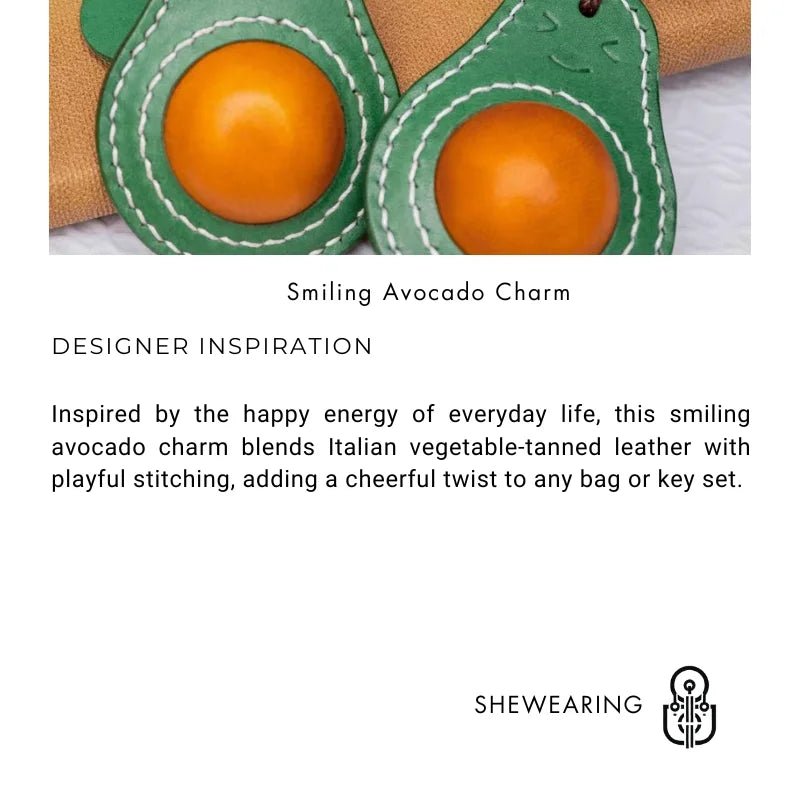 Smiling Avocado Leather Bag Charm – Handmade Italian Vegetable - Tanned Keychain | Whimsical Green Fruit Pendant | Cute Handbag Accessory for Women - shewearing