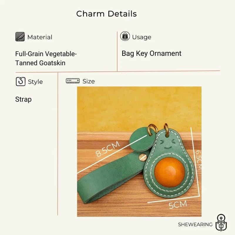 Smiling Avocado Leather Bag Charm – Handmade Italian Vegetable - Tanned Keychain | Whimsical Green Fruit Pendant | Cute Handbag Accessory for Women - shewearing