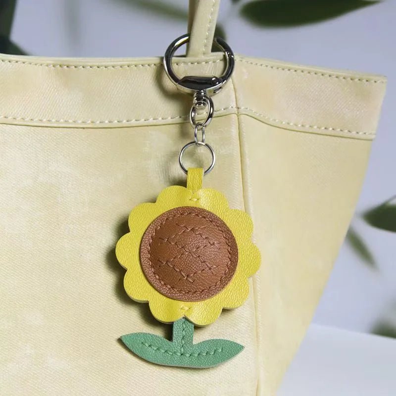 Sunflower Leather Bag Charm – Handmade Lambskin Cartoon Floral Pendant | Cute Keychain for Handbags, Backpacks or Gift Accessories - shewearing