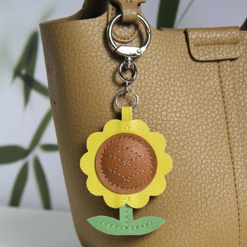 Sunflower Leather Bag Charm – Handmade Lambskin Cartoon Floral Pendant | Cute Keychain for Handbags, Backpacks or Gift Accessories - shewearing