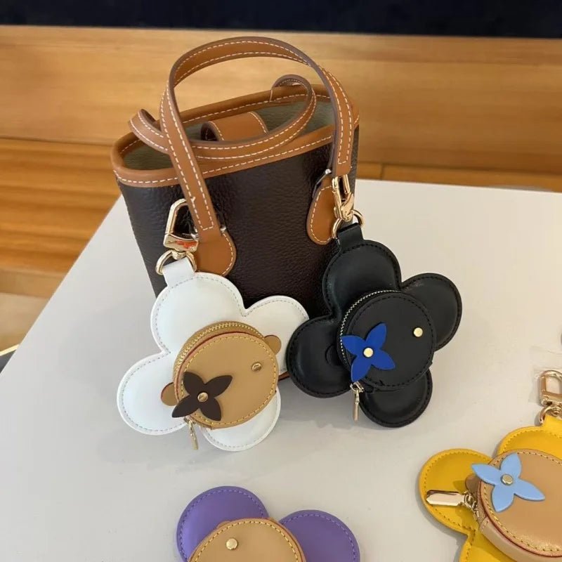 Sunflower Leather Coin & Earbud Case Charm – Designer Mini Flower Bag Pendant | Handmade Genuine Leather Keychain | Versatile Purse Accessory in Multiple Colors - shewearing