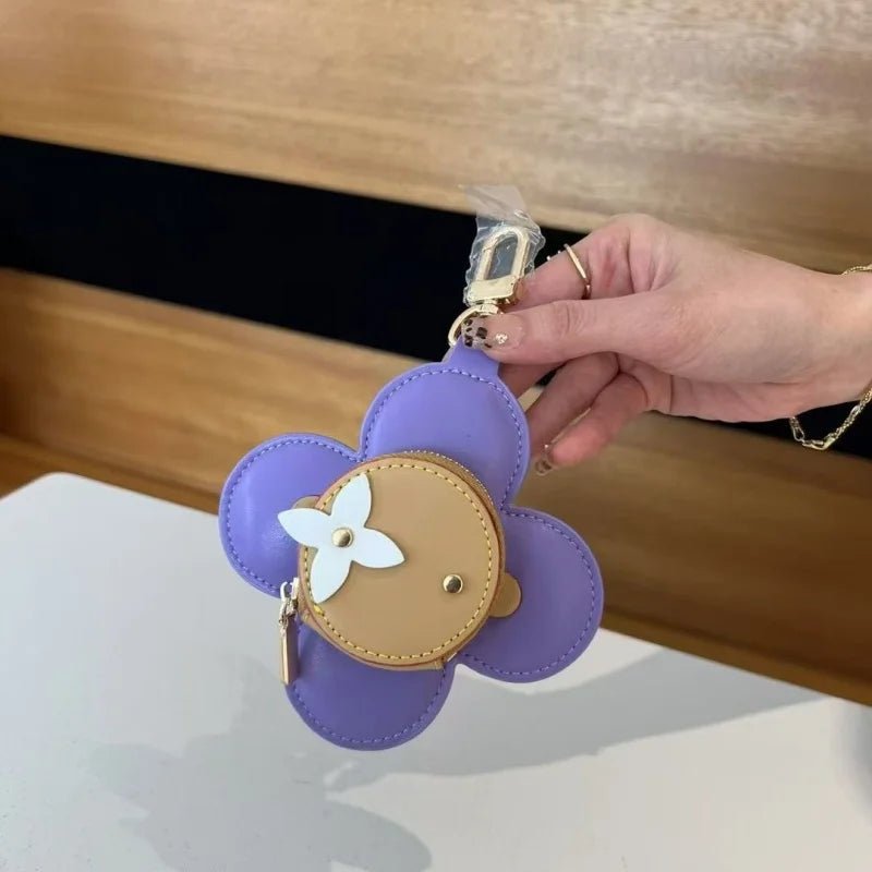 Sunflower Leather Coin & Earbud Case Charm – Designer Mini Flower Bag Pendant | Handmade Genuine Leather Keychain | Versatile Purse Accessory in Multiple Colors - shewearing