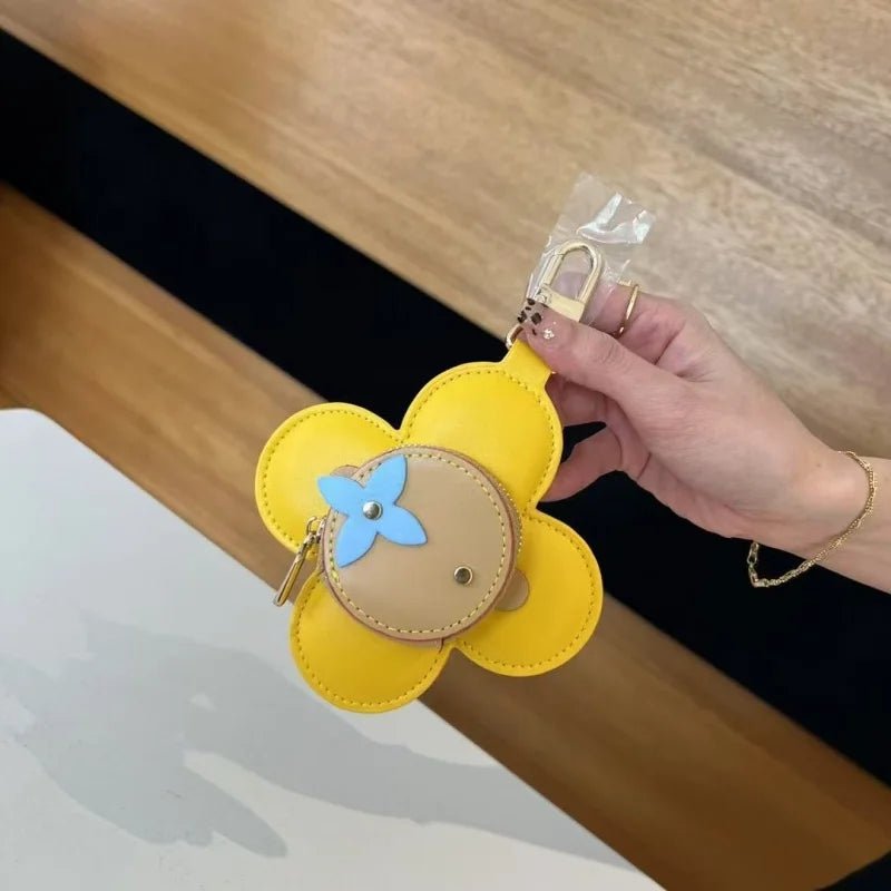 Sunflower Leather Coin & Earbud Case Charm – Designer Mini Flower Bag Pendant | Handmade Genuine Leather Keychain | Versatile Purse Accessory in Multiple Colors - shewearing
