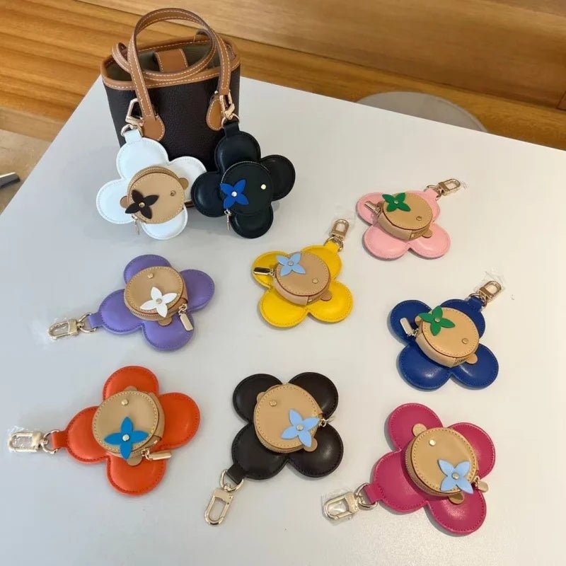 Sunflower Leather Coin & Earbud Case Charm – Designer Mini Flower Bag Pendant | Handmade Genuine Leather Keychain | Versatile Purse Accessory in Multiple Colors - shewearing