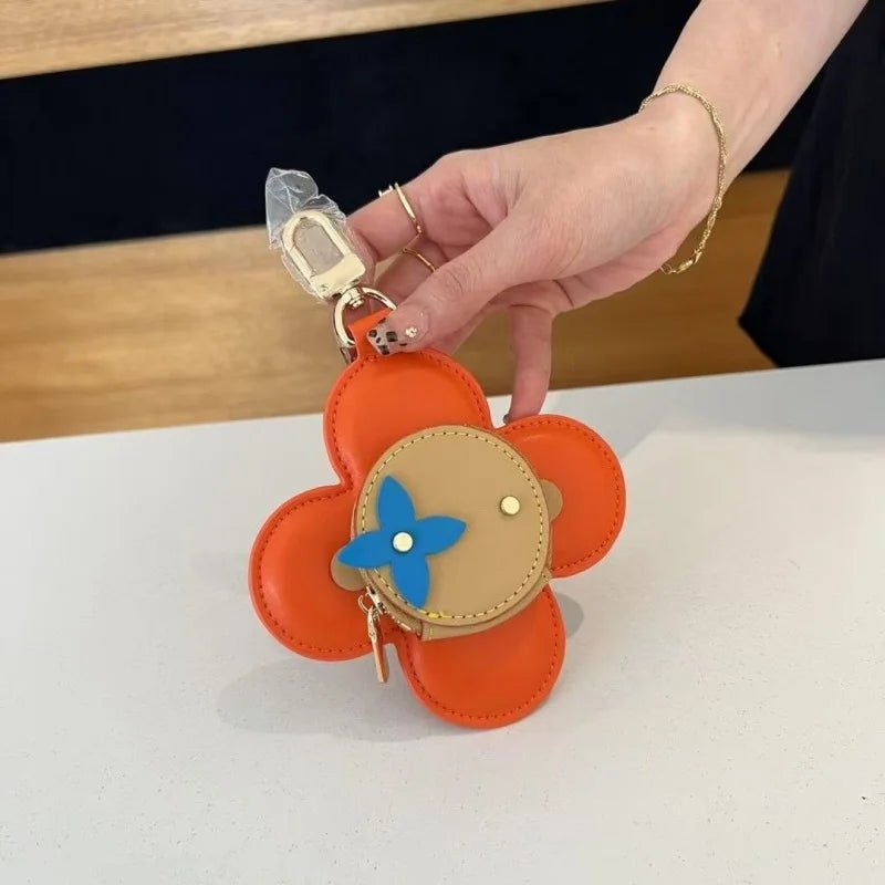 Sunflower Leather Coin & Earbud Case Charm – Designer Mini Flower Bag Pendant | Handmade Genuine Leather Keychain | Versatile Purse Accessory in Multiple Colors - shewearing