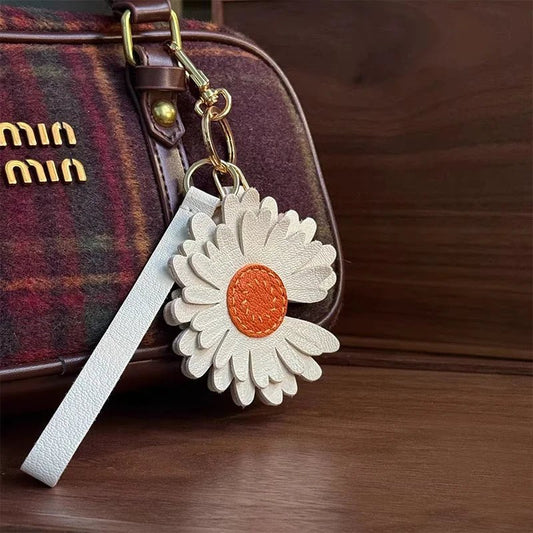 Sunny Daisy Leather Bag Charm – Handmade Top - Grain Lambskin Keychain | Sun - Inspired Flower Pendant | Luxury Handcrafted Accessory for Women - shewearing