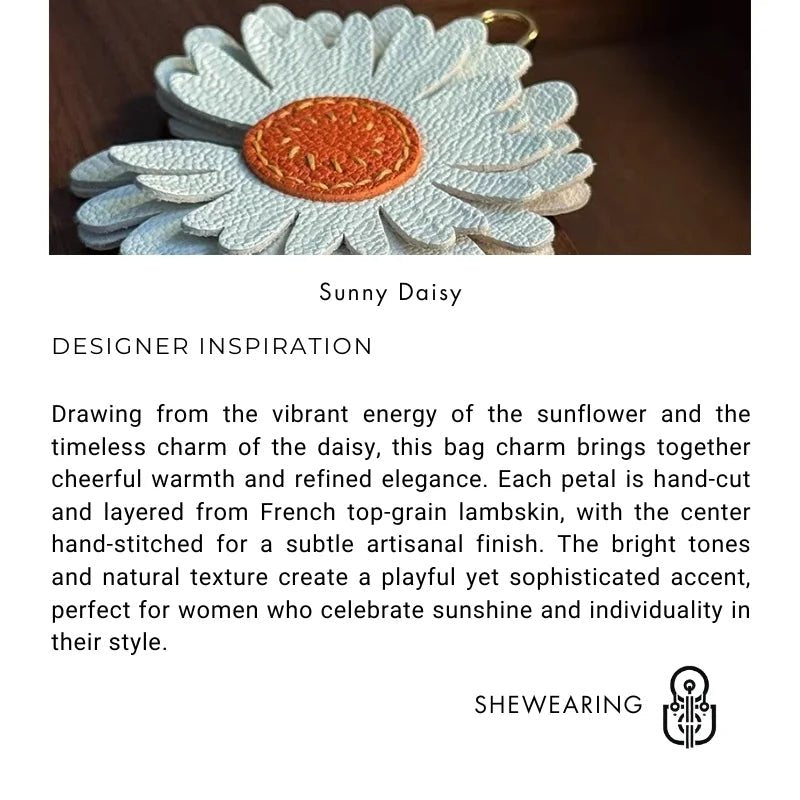 Sunny Daisy Leather Bag Charm – Handmade Top - Grain Lambskin Keychain | Sun - Inspired Flower Pendant | Luxury Handcrafted Accessory for Women - shewearing