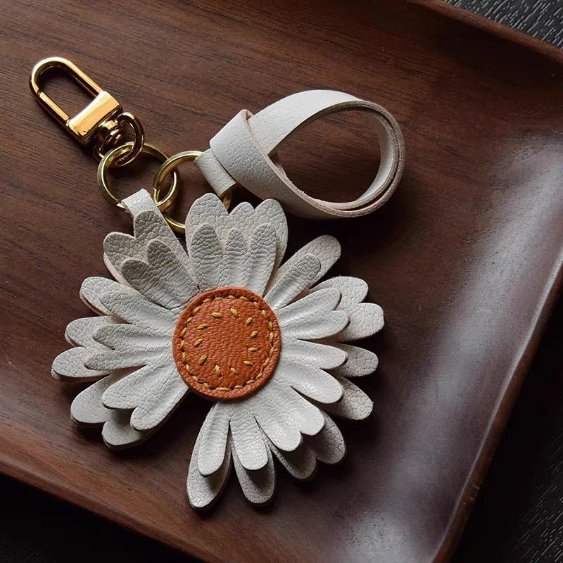 Sunny Daisy Leather Bag Charm – Handmade Top - Grain Lambskin Keychain | Sun - Inspired Flower Pendant | Luxury Handcrafted Accessory for Women - shewearing