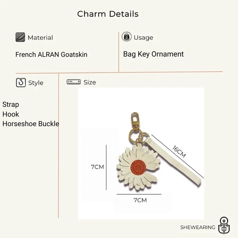 Sunny Daisy Leather Bag Charm – Handmade Top - Grain Lambskin Keychain | Sun - Inspired Flower Pendant | Luxury Handcrafted Accessory for Women - shewearing