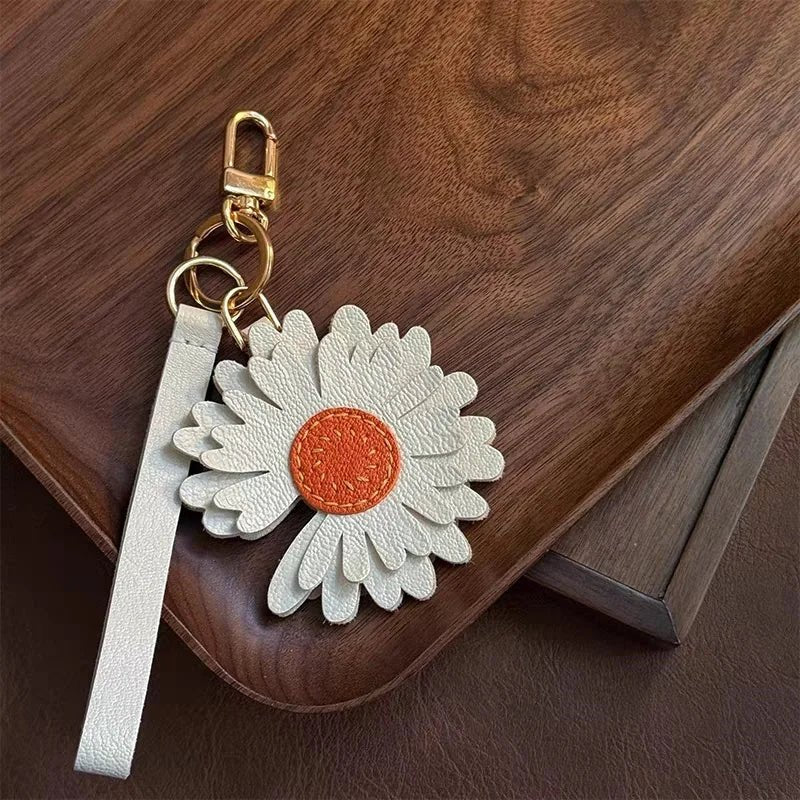 Sunny Daisy Leather Bag Charm – Handmade Top - Grain Lambskin Keychain | Sun - Inspired Flower Pendant | Luxury Handcrafted Accessory for Women - shewearing