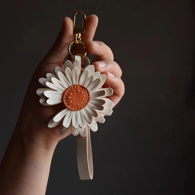 Sunny Daisy Leather Bag Charm – Handmade Top - Grain Lambskin Keychain | Sun - Inspired Flower Pendant | Luxury Handcrafted Accessory for Women - shewearing