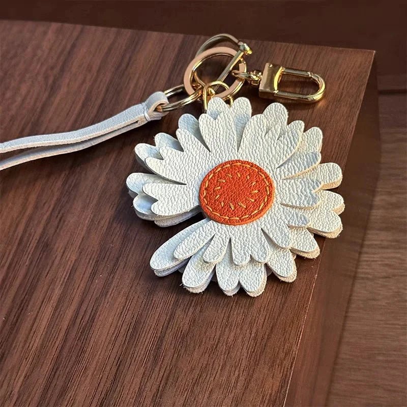 Sunny Daisy Leather Bag Charm – Handmade Top - Grain Lambskin Keychain | Sun - Inspired Flower Pendant | Luxury Handcrafted Accessory for Women - shewearing