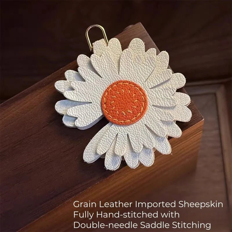Sunny Daisy Leather Bag Charm – Handmade Top - Grain Lambskin Keychain | Sun - Inspired Flower Pendant | Luxury Handcrafted Accessory for Women - shewearing