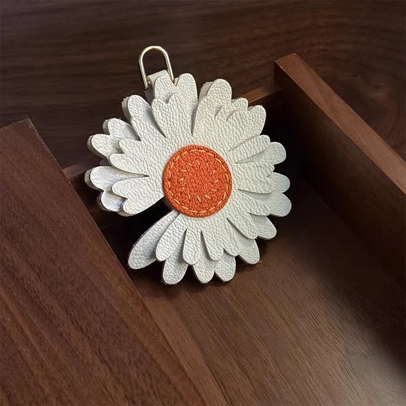 Sunny Daisy Leather Bag Charm – Handmade Top - Grain Lambskin Keychain | Sun - Inspired Flower Pendant | Luxury Handcrafted Accessory for Women - shewearing
