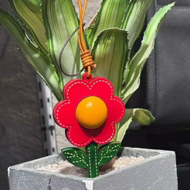 Sunshine Bloom Leather Flower Bag Charm – Artistic Handcrafted Sunflower Pendant | Unique Small - Batch Design | Chic Gift & Car Accessory - shewearing
