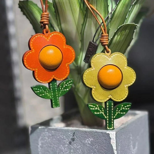 Sunshine Bloom Leather Flower Bag Charm – Artistic Handcrafted Sunflower Pendant | Unique Small - Batch Design | Chic Gift & Car Accessory - shewearing