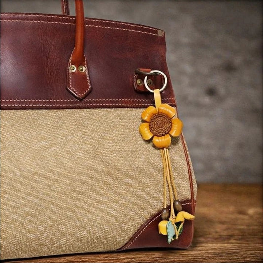 Tibetan Gesang Flower Leather Bag Charm – Handmade Full - Grain Leather Pendant | Ethnic Floral Accessory | Spiritual Boho Keychain Gift - shewearing