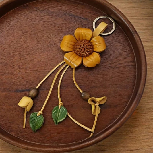 Tibetan Gesang Flower Leather Bag Charm – Handmade Full - Grain Leather Pendant | Ethnic Floral Accessory | Spiritual Boho Keychain Gift - shewearing