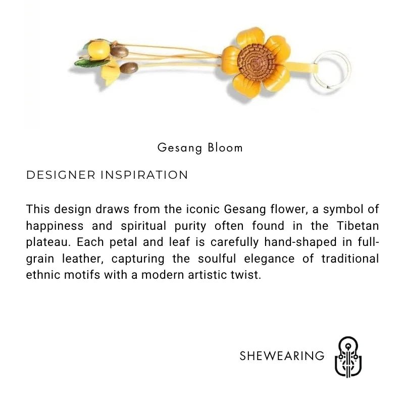 Tibetan Gesang Flower Leather Bag Charm – Handmade Full - Grain Leather Pendant | Ethnic Floral Accessory | Spiritual Boho Keychain Gift - shewearing