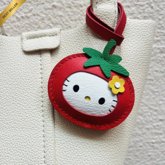 Tomato Cat Leather Bag Charm – Handmade Lambskin Animal Keychain | Cute Cartoon Pendant | Sweet Gift for Bags & Keys - shewearing