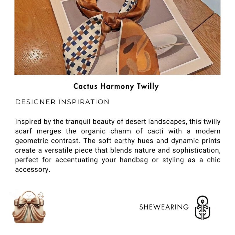 Twilly Scarf Cactus Harmony 100% Silk Bag Handle Ribbon, Wrist & Hair Scarf, 6×125cm Silk Twilly Scarf - shewearing