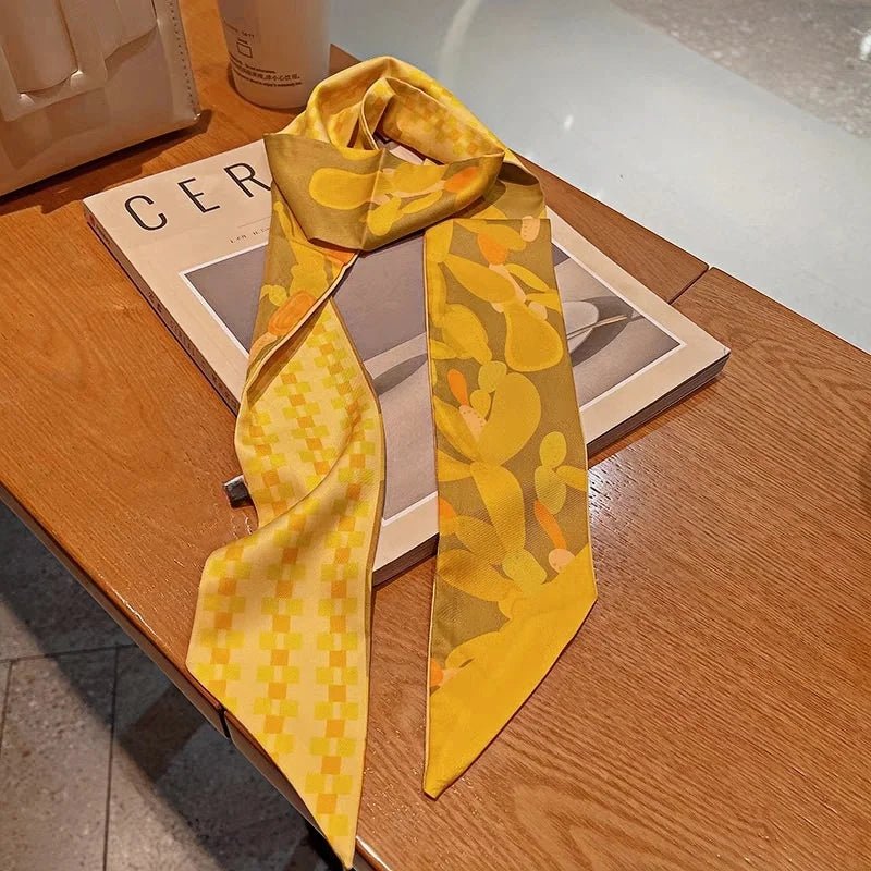 Twilly Scarf Cactus Harmony 100% Silk Bag Handle Ribbon, Wrist & Hair Scarf, 6×125cm Silk Twilly Scarf - shewearing