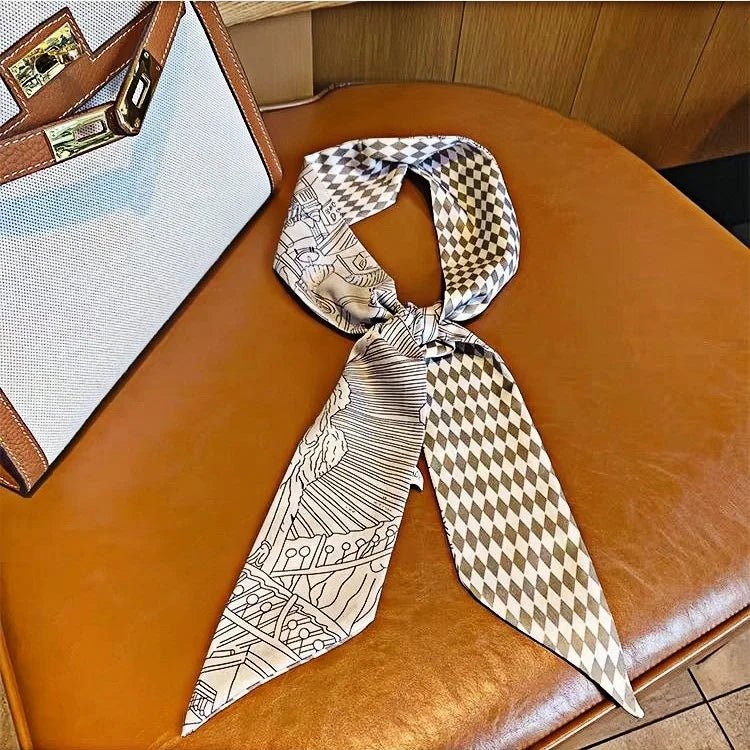 Twilly Scarf Diamond Castle 100% Silk Bag Handle Ribbon, Wrist & Hair Scarf, 7×124cm Silk Twilly Scarf - shewearing