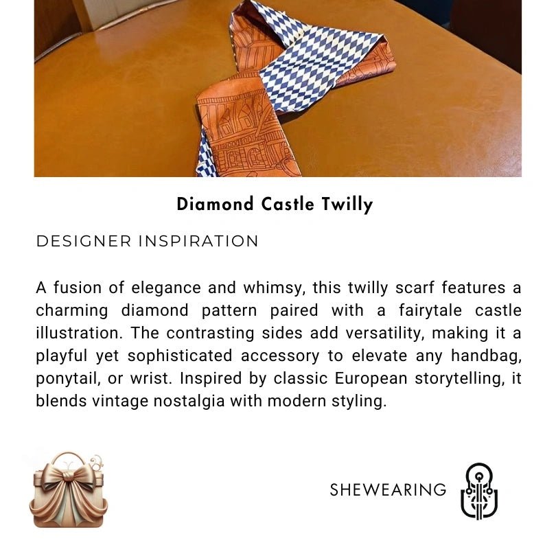 Twilly Scarf Diamond Castle 100% Silk Bag Handle Ribbon, Wrist & Hair Scarf, 7×124cm Silk Twilly Scarf - shewearing