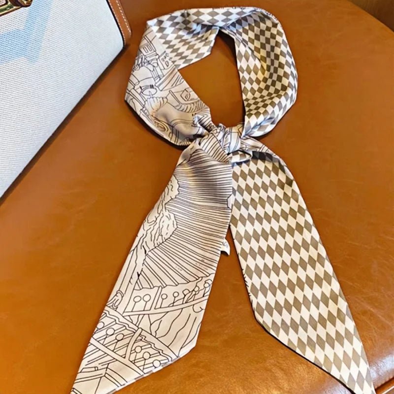 Twilly Scarf Diamond Castle 100% Silk Bag Handle Ribbon, Wrist & Hair Scarf, 7×124cm Silk Twilly Scarf - shewearing