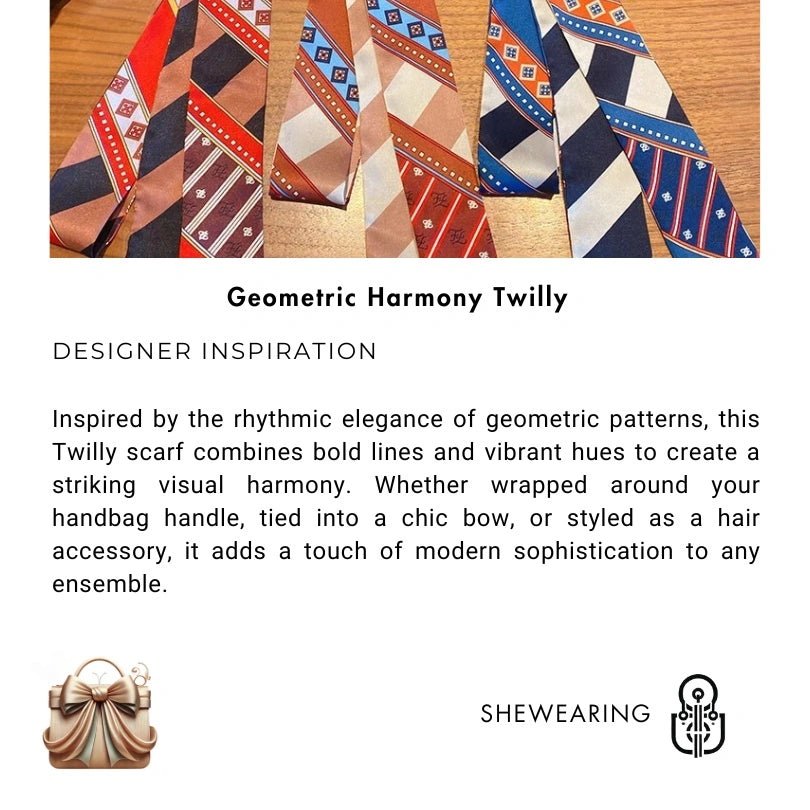 Twilly Scarf Geometric Harmony 100% Silk Bag Handle Ribbon, Wrist & Hair Scarf, 6×105cm Silk Twilly Scarf - shewearing