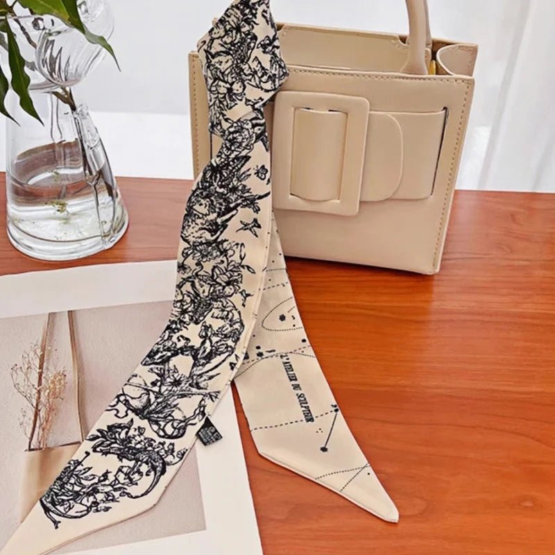 Twilly Scarf Noir & Ivory Vintage 100% Silk Bag Handle Ribbon, Wrist & Hair Scarf, 5×97cm Silk Twilly Scarf - shewearing