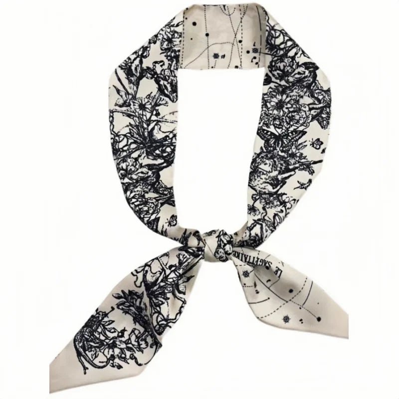 Twilly Scarf Noir & Ivory Vintage 100% Silk Bag Handle Ribbon, Wrist & Hair Scarf, 5×97cm Silk Twilly Scarf - shewearing
