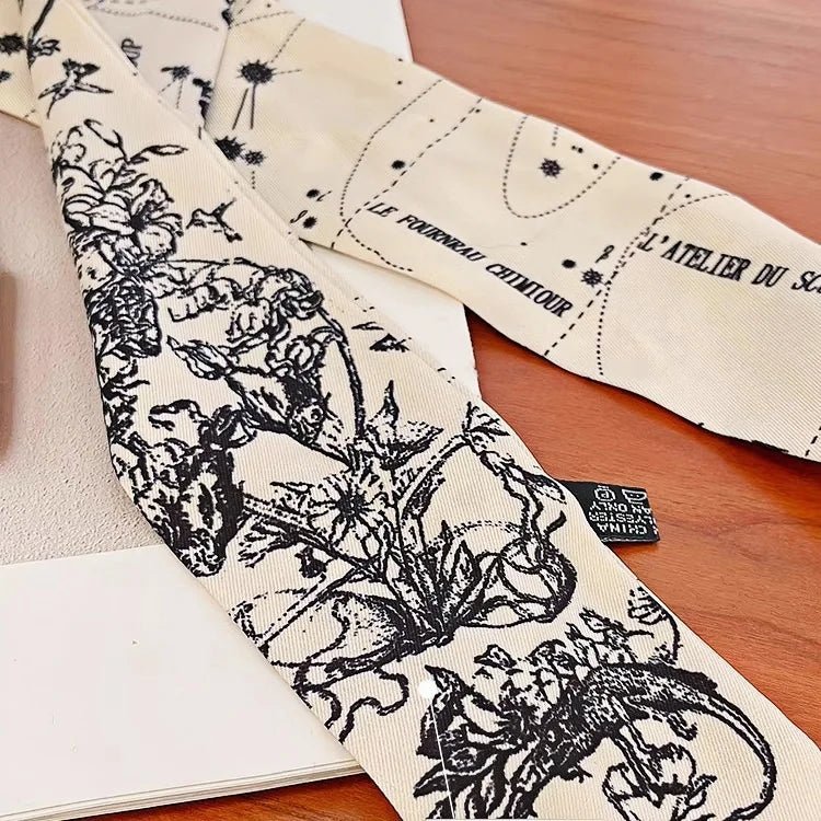 Twilly Scarf Noir & Ivory Vintage 100% Silk Bag Handle Ribbon, Wrist & Hair Scarf, 5×97cm Silk Twilly Scarf - shewearing