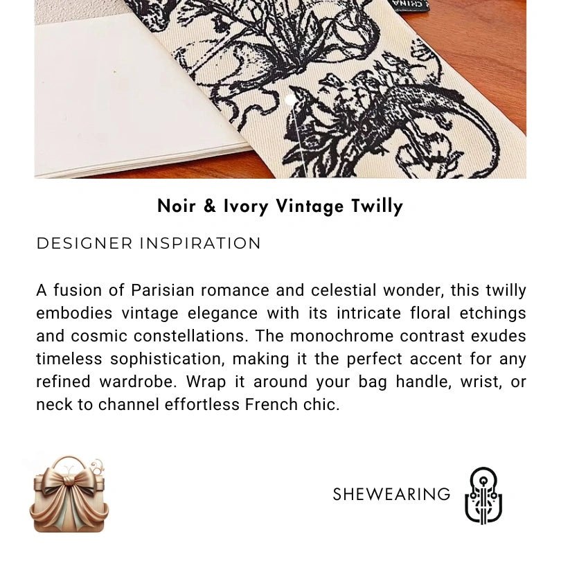 Twilly Scarf Noir & Ivory Vintage 100% Silk Bag Handle Ribbon, Wrist & Hair Scarf, 5×97cm Silk Twilly Scarf - shewearing