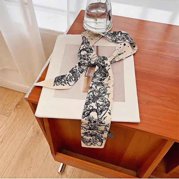 Twilly Scarf Noir & Ivory Vintage 100% Silk Bag Handle Ribbon, Wrist & Hair Scarf, 5×97cm Silk Twilly Scarf - shewearing