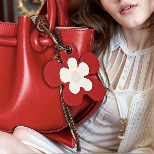 Vibrant Blossom Bag Charm – Handcrafted Leather Floral Accessory, 8cm Large Flower Pendant, Vegetable - Tanned Cowhide with Adjustable Strap, Cheerful Gift for Her - shewearing