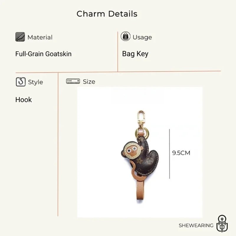 Vintage - Inspired Monkey Leather Keychain – Handcrafted Full - Grain Leather Bag Charm | Retro Aesthetic Car Key Holder | Unique Gift for Women - shewearing