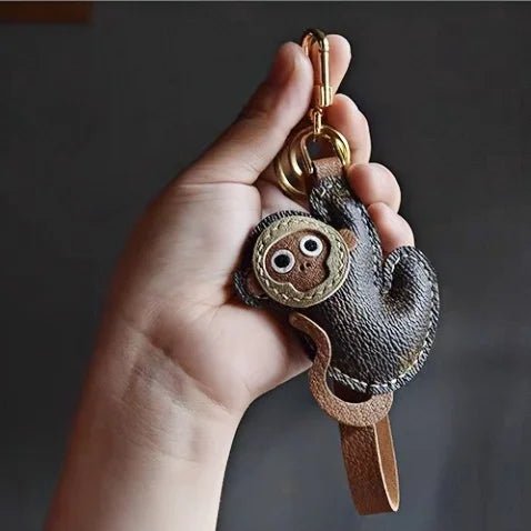 Vintage - Inspired Monkey Leather Keychain – Handcrafted Full - Grain Leather Bag Charm | Retro Aesthetic Car Key Holder | Unique Gift for Women - shewearing
