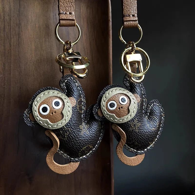 Vintage - Inspired Monkey Leather Keychain – Handcrafted Full - Grain Leather Bag Charm | Retro Aesthetic Car Key Holder | Unique Gift for Women - shewearing