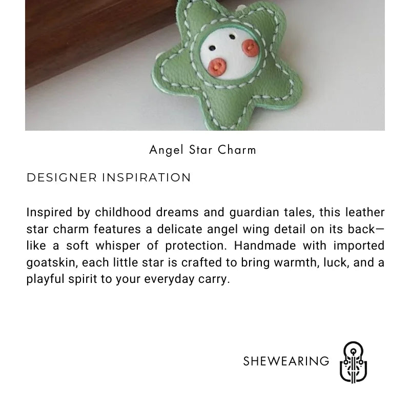 Whimsical Angel Star Leather Charm – Handmade French Goatskin Keychain | Lucky Pendant for Bags | Cute Guardian Gift - shewearing