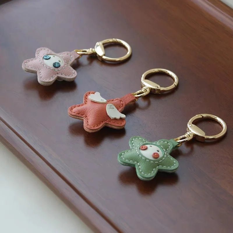 Whimsical Angel Star Leather Charm – Handmade French Goatskin Keychain | Lucky Pendant for Bags | Cute Guardian Gift - shewearing