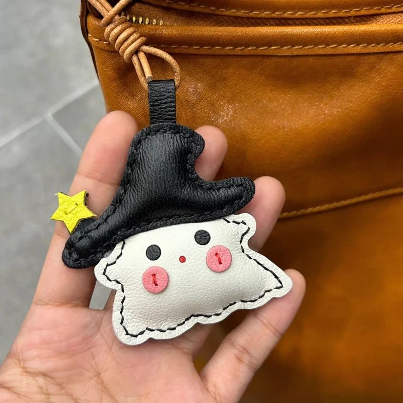 Whimsical Ghostie Leather Bag Charm – Full - Grain Lambskin | Halloween - Inspired Ornament | Cute Backpack & Key Accessory - shewearing