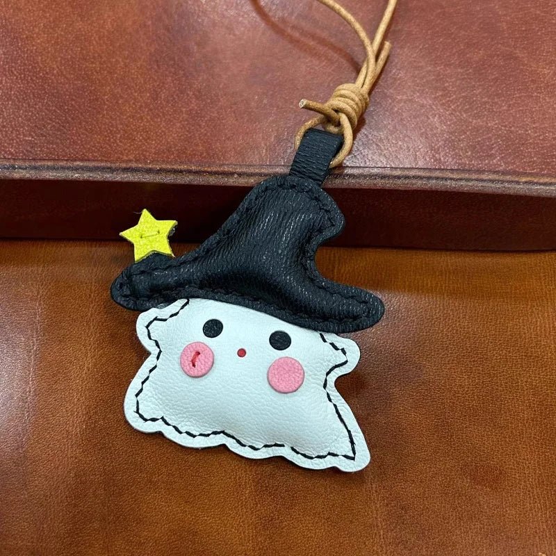 Whimsical Ghostie Leather Bag Charm – Full - Grain Lambskin | Halloween - Inspired Ornament | Cute Backpack & Key Accessory - shewearing
