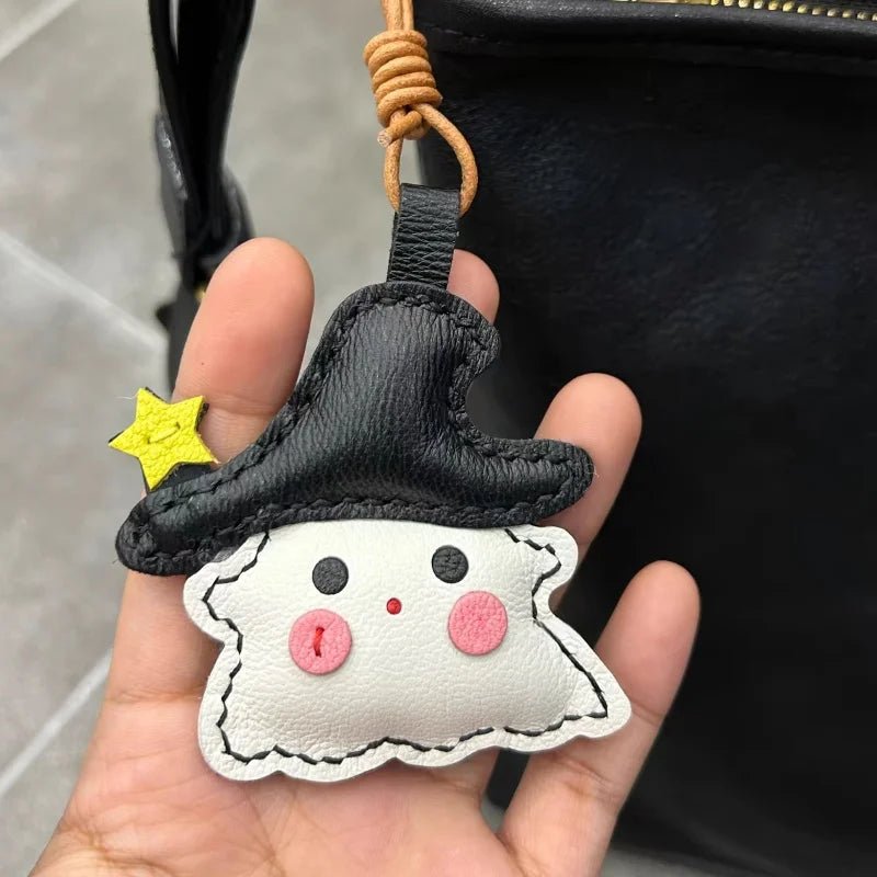 Whimsical Ghostie Leather Bag Charm – Full - Grain Lambskin | Halloween - Inspired Ornament | Cute Backpack & Key Accessory - shewearing
